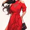 一张自信、意志坚强的女人拿着一本书的照片，迪士尼公主参考，自信的微笑，穿着大胆的红色连衣裙，半身：：4，坚定而有力的举止，引人注目的外表，德国表现主义风格，Gil Elvgren的艺术，向日葵和迷人的柔焦肖像，敏锐的眼睛和威严的存在，前视图：，16 k，超高清--ar 9：16 --q2--niji 5