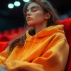 摄影、电影院的空旷作为无忧无虑休息时刻的背景，女人懒洋洋地坐在座位上，穿着超大的橙色连帽衫和浅色牛仔裤，一张轻松自在的照片。吊灯柔和的光芒投射出宁静的氛围，照亮了她享受零食的同时，她休闲的姿势是对屏幕之外世界的私人逃避，UHD --ar 9：16 --风格原始--stylege 300