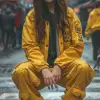 摄影，28岁女性，职业模特，自然姿势，穿着小文本标志，衣服染色战术宽松卡车司机夹克搭配黑色连帽衫，慢跑裤，黄色Yeezy boost 350，在主干道的街道人行横道上，佳能EOS-1D Mark III，将捕捉上衣和裤子的形式和细节，大量路人，长时间曝光，真实感，真实感光--ar 9：16 --style raw --styminster 750 --v 6
