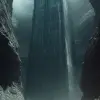 科幻艺术让人想起经典的赛博朋克主题，关注规模以及光和结构的相互作用，强调垂直性，展示空间的广袤和迷宫般的复杂性，数字渲染，突出纹理和风化和时间对纪念性建筑的影响，隐含的高远视角，关注深度和规模，以及孤独的个人旅程，长焦，捕捉遥远的主体和周围的广阔空间。暗示是手持的，给人一种直接感和个人视角的场景，孤独的漫游者穿越一个令人难以置信的巨大和令人生畏的环境。流浪者很小，由他们的剪影定义，有目的地穿过一条