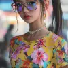 黑发，一位年轻的东南亚美丽女孩的肖像，中等长度的黑发，摆姿势，马尾辫，面对观众，友好的外表，格雷格·鲁特科斯基和马加利·维拉纽芙的高度细致的面孔，美丽的眼睛，彩色太阳镜，伟大的比例身体，华丽的女性衬衫，色调的身体，电影灯光，明亮的背景，超现实主义，摄影，错综复杂的细节，杰作，--ar 9：16