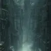 科幻艺术让人想起经典的赛博朋克主题，关注规模以及光和结构的相互作用，强调垂直性，展示空间的广袤和迷宫般的复杂性，数字渲染，突出纹理和风化和时间对纪念性建筑的影响，隐含的高远视角，关注深度和规模，以及孤独的个人旅程，长焦，捕捉遥远的主体和周围的广阔空间。暗示是手持的，给人一种直接感和个人视角的场景，孤独的漫游者穿越一个令人难以置信的巨大和令人生畏的环境。流浪者很小，由他们的剪影定义，有目的地穿过一条
