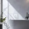 现代别致浴室的电影景观、大理石瓷砖和独立浴缸、时尚的固定装置，8 K--ar 9：16 --styminster 80
