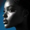 photography, concept image, candid shot, model is black and white and the background is colored, upper body, camera frame held below the model's eyes, visual power of contrast, woman model, solid 