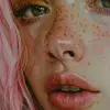 a painting of a woman with pink hair, featured on artgerm, vogue journal cover, bill lowe gallery, sun - drenched, naturalistic technique, marc newsom, suki, soft freckles, looks like young liv tyler,