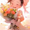 一张快乐的年轻女孩拿着花束的照片，迪士尼公主参考，灿烂幸福的微笑，穿着粉色花卉连衣裙，半身：：4，优雅迷人的举止，容光焕发的外表，音乐质感联觉风格，艺术由Alejandro Burdisio创作，玫瑰色和精致的柔焦肖像，闪闪发光的眼睛和红润的脸颊，前视图：，16 k，超高清--ar 9：16 --q 2 --niji 5