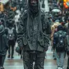 摄影，鸟瞰图，韩国模特，站在一个受涉谷争夺启发的巨大复杂人行横道中心上，凝视镜头，穿着科技服黑色洗涤狩猎夹克搭配黑色厚连帽衫，黑色洗涤货物慢跑裤，深灰色战术靴，人群众多--ar 9：16 --s 750 --v6.0-风格原始