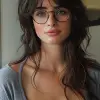 a realistic photo of a [very pretty 26 year old woman], with [long, wavy, dark hair], looks like [Dakota Johnson] and [Felicity Jones], wearing [thick nerd glasses], light makeup, looking [innocent, c