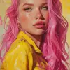 一幅粉红头发的女人的画作，出现在artgerge、Vogue杂志封面、Bill Lowe画廊、阳光普照、自然主义技术、马克·纽瑟姆、苏琪、柔和的雀斑、看起来像年轻的丽芙·泰勒、abduzeedo、完美的人类女性标本、理想化的、黄色皮肤、超现实主义者、塑料芭比娃娃、luca，--v 6 --ar 9：16