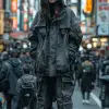 摄影，鸟瞰图，韩国模特，站在一个受涉谷争夺启发的巨大复杂人行横道中心上，凝视镜头，穿着科技服黑色洗涤狩猎夹克搭配黑色厚连帽衫，黑色洗涤货物慢跑裤，深灰色战术靴，人群众多--ar 9：16 --s 750 --v6.0-风格原始