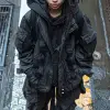 摄影，鸟瞰图，专业模特，站在一个受涉谷争夺启发的巨大复杂人行横道中心，凝视镜头，穿着黑色洗涤狩猎长夹克搭配黑色连帽衫，黑色工装裤，深灰色靴子，逼真的照片--ar 9：16 --style raw --styleg 750 --v6