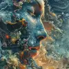 数字创意迷幻拼贴画，sam guay风格，色彩缤纷的爆炸，serge marshennikov，情感丰富的水彩画，流畅的具象主义，青色和青铜色，旋转的漩涡--ar 9：16 --styleum 750 --v 6