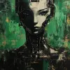 艺术，油画，上半身正视图，女孩机器人，重画笔风格，眼睛凝视，反乌托邦，以绿色和黑色为主的配色方案-ar 9：16 -原始风格
