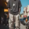 照片，时尚杂志封面，34岁男模特站立，自信的姿势，穿着纯深灰色过度贴合T恤和深米色货物慢跑裤，耐克运动鞋，俏皮的外观，完美的身材比例，一手拿着冰淇淋，吃着冰淇淋，嘴巴被遮住，看不到标志或品牌，场景捕捉到街头服饰轻松轻松的风格，摄影工作室氛围，相机设置确保模型成为焦点，使用f/8中等口径的自然光设置来平衡焦点和细节，UHD，丰富的细节--ar 9：16 --style raw --styminste