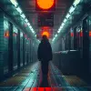 create an image of a person standing alone in a subway station, under a single bright fluorescent light, surrounding tiles reflect the light, casting soft shadows around the individual engrossed in th
