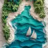 3D，海洋和岛屿，纸质作品，青色和白色配翠绿，粗糙纹理的彩色纸，杰作，手工制作--ar 9：16 --原始风格--styminster 200