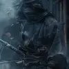 the Ninja, Performing some kind of action, horror ,The setting is in the decayed Edo period of Japan in the dark with fog, insanely detailed, whole body, photograph, hyper realistic --ar 9:16 --v 6