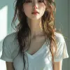 杂志封面、侧面图、上半身拍摄、时尚摄影、二手相机索尼阿尔法9 II搭配索尼FE 100- 400 mm f/4.5-5.6 GM OSS镜头设置多功能镜头，为模特提供敏锐的焦点，年轻专业时尚韩国女模特，脸上俏皮的表情，眼睛盯着镜头，穿着白色宽松T恤，水洗靛蓝色货物慢跑裤，自信的自然姿势，全纯白色背景摄影棚，摄影棚灯光，深邃的阴影，高光纹理和色调的高对比度，完美的身体比例，面部和手的详细描述，鞋子的