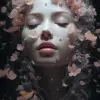 梦幻、宁静的动漫脸，周围环绕着精致的花朵和柔软的花瓣，拉斐尔派，早春，3D，物质文化风格，作者：Michal Karcz，干净的黑色背景--v 5.1 --ar 9：16