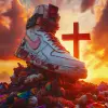 Nike Airs风格的运动鞋，干果制成，未来派太阳朋克，高细节，鲜艳的色彩，干净的构图，3D渲染，站在一堆骄傲旗帜上，美丽的艺术作品，复杂的细节，微距镜头，燃烧，溺水，柔和的光，福音战士，红色日落，攻击天使，红灯十字--ar 9：16 --混乱1.4 --风格原始