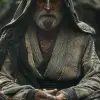 一名绝地武士在恩多的一场战斗后冥想，他的皮肤上显示出打斗的伤口，他的脸很平静，尽管疲倦，他戴着头巾，他的衣服仍然很脏，高度逼真，照片逼真，--ar 9：16 --s 350 --v6