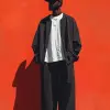 捕捉到一种休闲而时尚的氛围，穿着宽松、超大的黑色街头服装和阔腿裤的身材站在充满活力的红色背景下，轻松的姿态和休闲服装，包括简单的帽子和超大的白色T恤，与明亮的形成鲜明对比，光线均匀，增强了片场的俏皮而悠闲的氛围，照片现实主义，细节--ar 9：16 --风格原始--stylege 300 --v 6.1