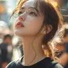 photography, side view, upper-body, portray an innocent professional korean woman model standing against a seoul big wide street, many crowd, gaze, giving off an aura of wisdom and experience, she’s c
