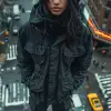 摄影，鸟瞰图，专业模特，站在一个受涉谷争夺启发的巨大复杂人行横道中心，凝视镜头，穿着黑色洗涤狩猎长夹克搭配黑色连帽衫，黑色工装裤，深灰色靴子，逼真的照片--ar 9：16 --style raw --styleg 750 --v6