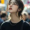 photography, side view, upper-body, portray an innocent professional korean woman model standing against a seoul big wide street, many crowd, gaze, giving off an aura of wisdom and experience, she’s c