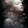 梦幻、宁静的动漫脸，周围环绕着精致的花朵和柔软的花瓣，拉斐尔派，早春，3D，物质文化风格，作者：Michal Karcz，干净的黑色背景--v 5.1 --ar 9：16
