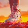 Nike Airs风格的运动鞋，干果制成，未来派太阳朋克，高细节，鲜艳的色彩，干净的构图，3D渲染，站在一堆骄傲旗帜上，美丽的艺术作品，复杂的细节，微距镜头，燃烧，溺水，柔和的光，福音战士，红色日落，攻击天使，红灯十字--ar 9：16 --混乱1.4 --风格原始
