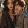 用手自拍，Instagram风格，一位年轻的韩国女性和男孩职业模特自拍，可爱的脸，在购物中心自动扶梯上，穿着小文本标志和灰色战术极简主义胸部大口袋开衫搭配黑色连帽衫的女性，穿着小文本标志牛仔卡车夹克搭配灰色连帽衫，二手相机是iPhone pro 15，逼真，真实感阳光--ar 9：16 --style raw --styminster 600 --v 6