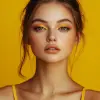 photography, upper body, yellow hue, woman model, solid yellow backdrop, yellow eyes detailing, using a camera setup that mimics a large aperture, f/1.4 --ar 9:16 --style raw