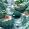 等距插图、3D粘土风格、带有海草、珊瑚、粉红色和沙米色的工匠水下调色板、模仿水下场景的纹理、仿佛通过水过滤的斑点灯光、海洋生物教育材料或引人入胜的以水为主题的社交媒体内容--ar 9：16 --风格原始--stylege 500