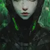 艺术，油画，上半身正视图，女孩机器人，重画笔风格，眼睛凝视，反乌托邦，以绿色和黑色为主的配色方案-ar 9：16 -原始风格