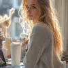 Modern, minimalist workspace, focused designer woman at a white desk, surrounded by objects of productivity and personal care, high resolution photograph, used camera Sony α9 II with Sony FE 100-400mm