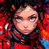 叛乱与抽象表现主义的结合，漫画风格的自由女孩特写镜头，穿着充满活力和混乱的战士服装，蒂姆·伯顿（Tim Burton）受到埃里克·斯皮克曼（Erik Spiekermann）的启发，与Beatnik时尚相结合，大胆的调色板，充满活力的红色背景画--niji 5 --q2--ar 9：16