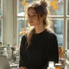 modern, minimalist workspace, focused designer woman at a white desk, surrounded by objects of productivity and personal care, high resolution photograph, used camera Sony α9 II with Sony FE 100-400mm
