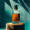 photograph, productive view, cylinder podium with perfume, Sony A7R IV with a FE 50mm f/1.2 GM lens, solid dark cyan background, realism light setting, natural lighting, contrast --ar 9:16 --style raw