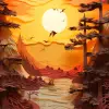 日落剪纸，暖色，精致色调，弗雷德里克·埃德温·丘奇，光线追踪，金黄色背景--ar 9：16 --v 5.2