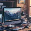 A realistic, dramatic image of two computer monitors, one iMac Pro and one other monitor, sitting on a desk in a well-lit office. The desk is cluttered with papers and other objects. The image is shot