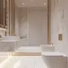 从正视角度想象现代豪华浴室内部，配有优雅的白色大理石水槽，配有哑光金色水龙头，采用时尚白色陶瓷制成的壁挂式马桶增强了房间'的奢华感，包括一面带金色花丝框架的大镜子，反映了房间的奢华装饰，地板和墙壁采用白色和灰色纹理大理石瓷砖，增添了奢华的美感，柔和的LED照明集成到天花板和镜子后面，在整个空间投射出温暖的发光光线，创造出宁静而奢华的氛围，确保图像捕捉到温暖的人造光和自然日光的相互作用，强调