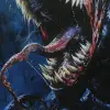 a close up of a venom with its mouth open, film key art, by Charles Fremont Conner, full image, clear dark background, profile picture 1024px, artgeem, the artist has used bright, blue wall, detailed 