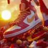 Nike Airs风格的运动鞋，干果制成，未来派太阳朋克，高细节，鲜艳的色彩，干净的构图，3D渲染，站在一堆骄傲旗帜上，美丽的艺术作品，复杂的细节，微距镜头，燃烧，溺水，柔和的光，福音战士，红色日落，攻击天使，红灯十字--ar 9：16 --混乱1.4 --风格原始