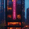 照片逼真，建筑，正视图，现代城市之夜，PROMPTHERO文本支架标牌，建筑一侧的霓虹灯，黄昏氛围，人群众多的建筑，窗户柔和的光芒，微妙的城市声景，超现实主义，16 K UHD，丰富的细节--ar 9：16 --原始风格--stylege 700