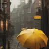 3d render, cinematic, candid view, heavy fog with rain, yellow umbrella with woman, london, ultra realistic, 32K UHD resolution, riched detail --ar 9:16