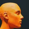 3D渲染，石膏半身像，侧视图，橙色光滑，纯黑色背景，工作室灯光--ar 9：16 --原始风格
