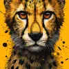 插图，卡通风格，可爱的猎豹脸，放大，富有表情的眼睛和俏皮的举止，厚实的轮廓，圆润的五官和年轻的外表，坚实的充满活力的黄色背景，猎豹的皮毛应该是浓郁的金色，带有明显的黑点，淡淡的微笑和胡须以增强--ar 9：16 --风格原始--stylege 500 --v 6