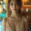 一位年轻女子站在咖啡馆的墙前，以mamiya 7 ii的风格，新流行感性，sana takeda，深琥珀色和青色，shilin Huang，konica Auto s3，特写--ar 71：128 --styleum 750 --v 6