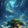 明亮的画作是一棵树，天空中有星星，呈梦幻般的幻想生物的风格，多层维度，旋转的漩涡，逼真的配色方案，深绿色和浅蓝色，充满灯光的风景，神秘的机制--ar 71：128 --styleum 750 --v 6